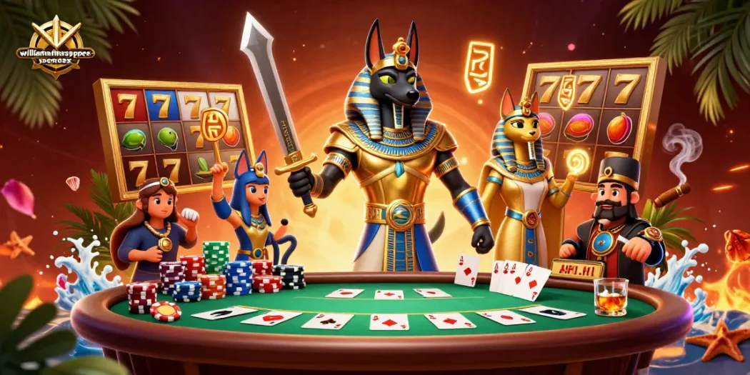 Experience thrilling slots with williamshakespeare-sonnets featuring Anubis and Bastet at a vibrant casino.
