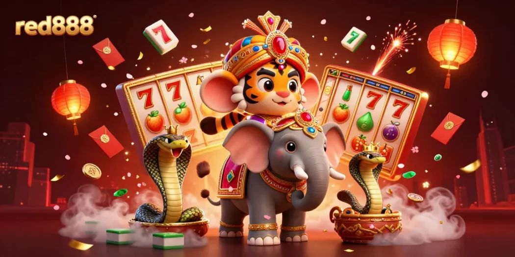 Engage with red888's thrilling slots, featuring a vibrant scene of a maharaja, elephant, and cobra.