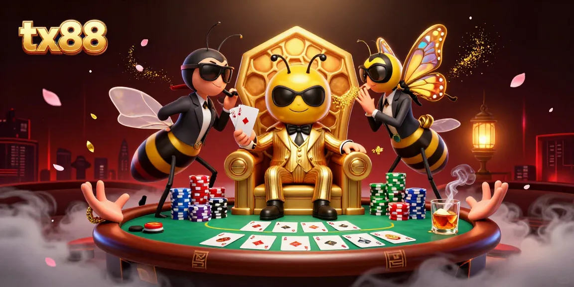 Engage in exhilarating poker action with tx88 at a vibrant table surrounded by cartoon mob boss characters.