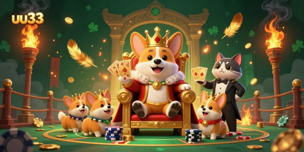 Spin to win with the uu33 royal corgi in a vibrant casino illustration, showcasing poker chips and card decks.