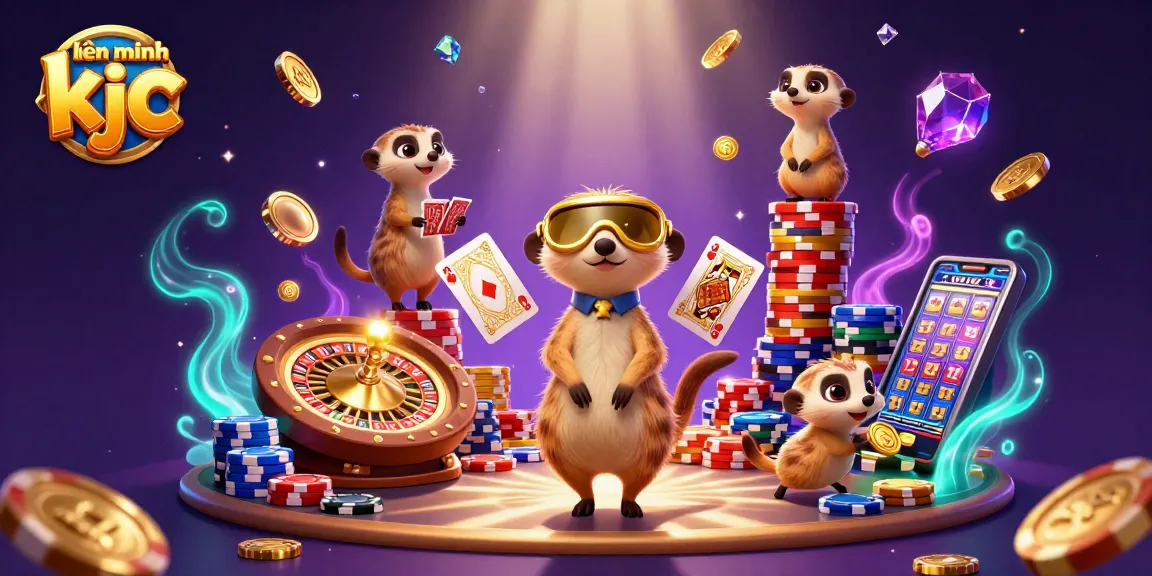 Experience the vibrant action of liên minh kjc with dynamic meerkats running a casino operation amidst cascading coins and gems.