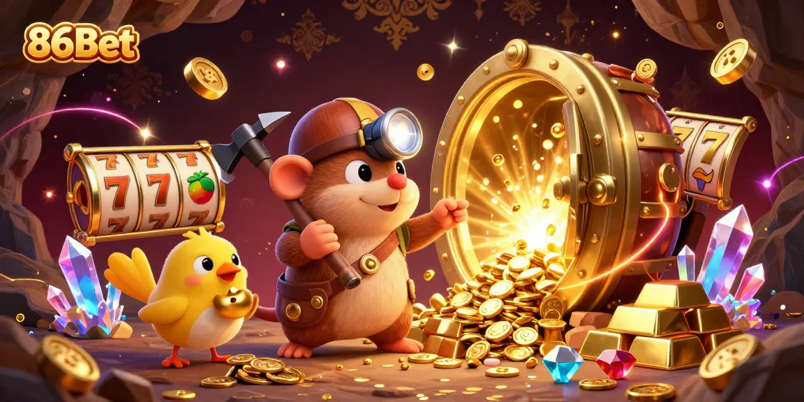 Engage with 86Bet slots, featuring a treasure hunter mole in a vibrant casino scene.