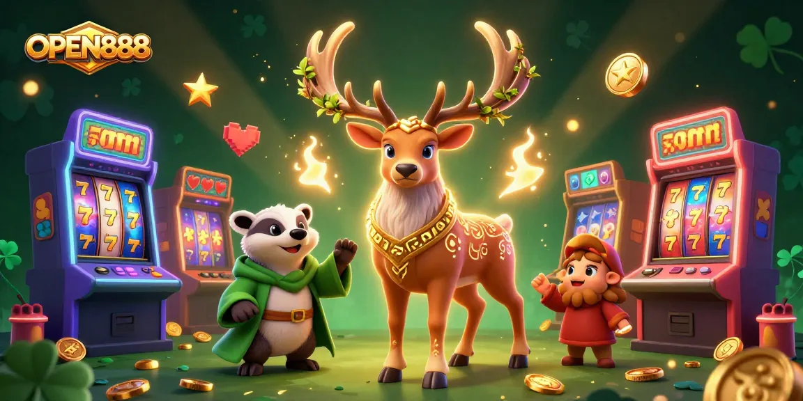 Enter the world of OPEN888 with thrilling slot games featuring joyous characters and vibrant casino elements.