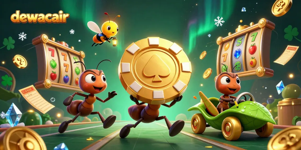 Dewacair shows a heist theme with a team of ants stealing a giant poker chip in a rich slot game environment.