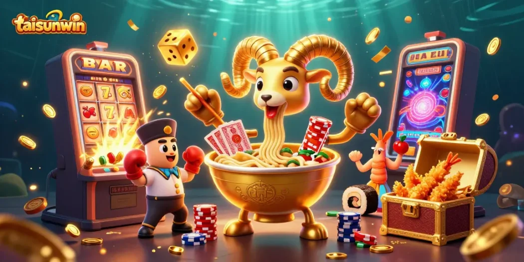 Experience exciting gameplay with taisunwin through a vibrant illustration of a cartoon casino scene.