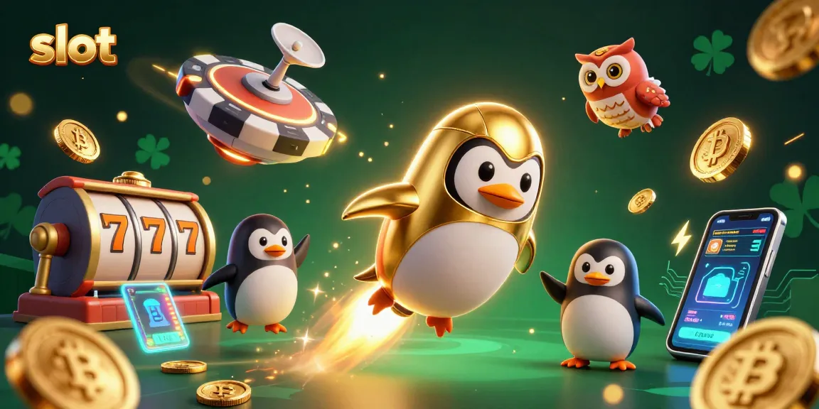 Experience the slot excitement with a golden penguin and casino elements in a vibrant space.