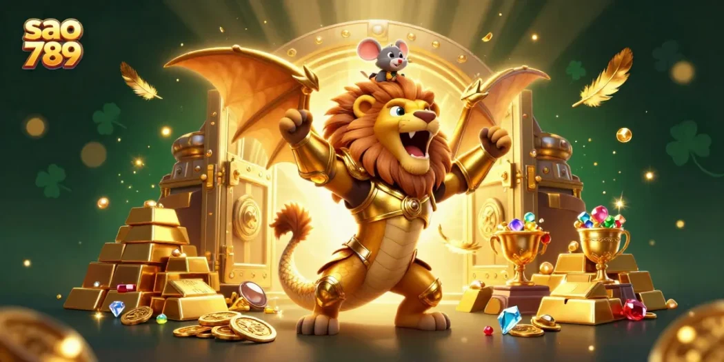 Experience the thrill of winning at sao 789 with golden treasures and dynamic gaming elements in an immersive illustration.