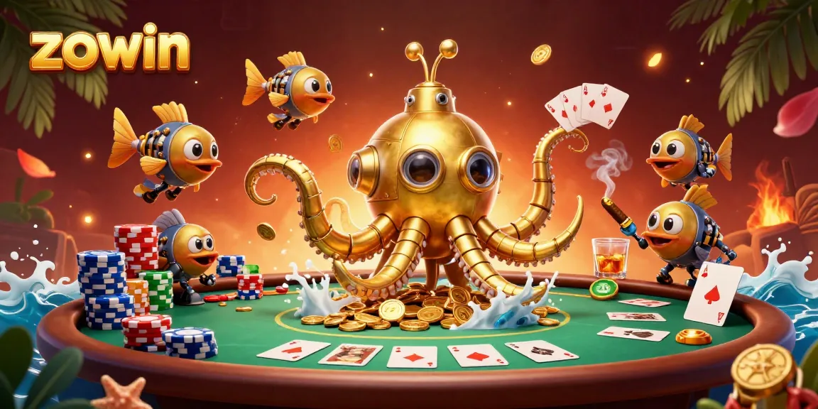 Experience thrilling gameplay with Zowin's vibrant gambling scene featuring a golden kraken and poker elements.