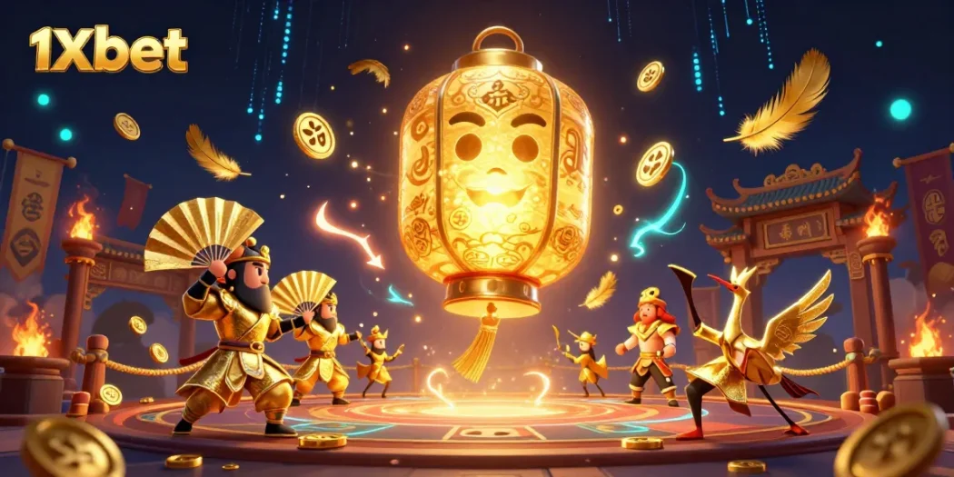 1xbet showcases an energetic 3D illustration of a golden lantern spirit at a vibrant casino scene filled with lucky symbols.