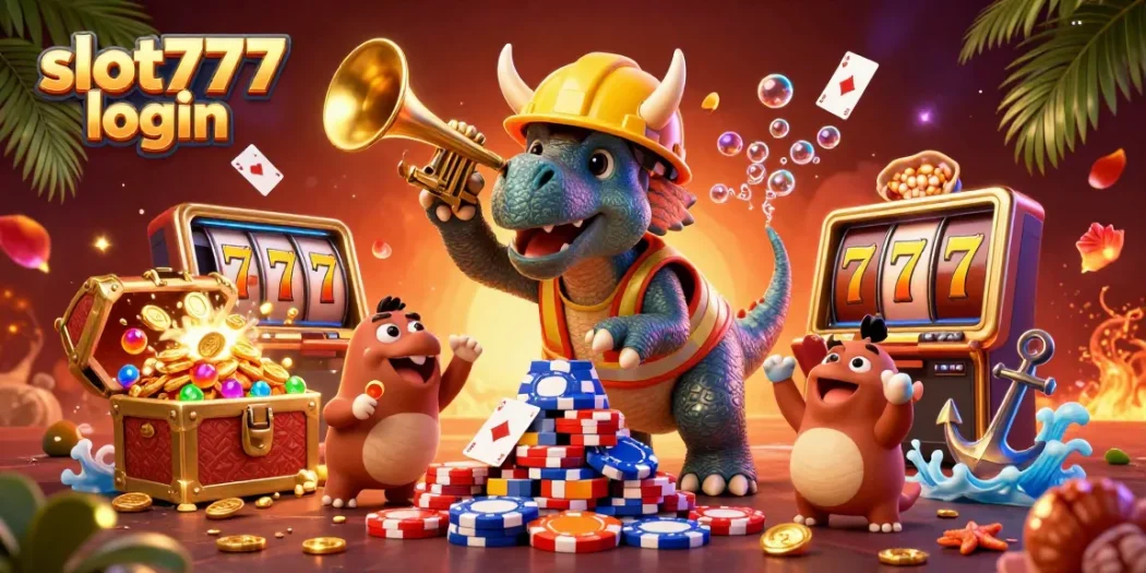 Enjoy thrilling action with slot777 login as the triceratops builds poker chips amidst vibrant casino elements.