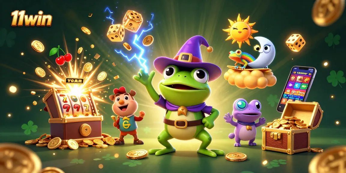Win big with 11win's casino games illustrated by a magical scene of coins and lucky symbols.