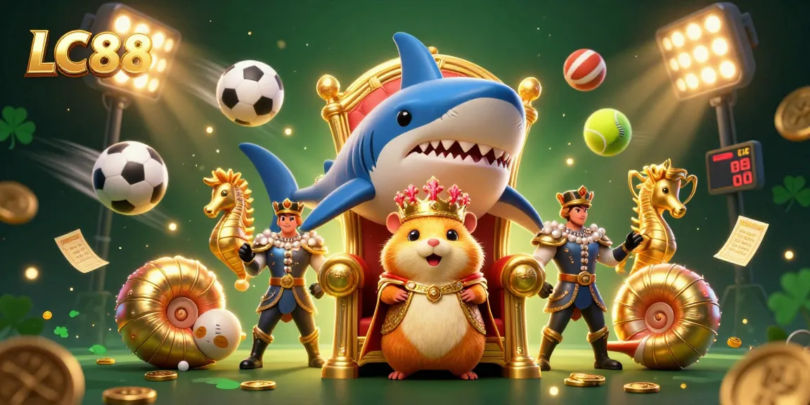 LC88 provides thrilling action with golden hamster king and casino sports elements in a vibrant illustration.