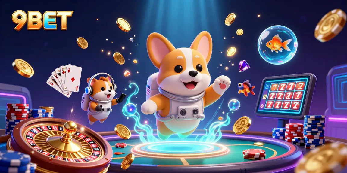 Experience thrilling gaming with 9BET in a vibrant space casino scene featuring a playful corgi and charming characters.
