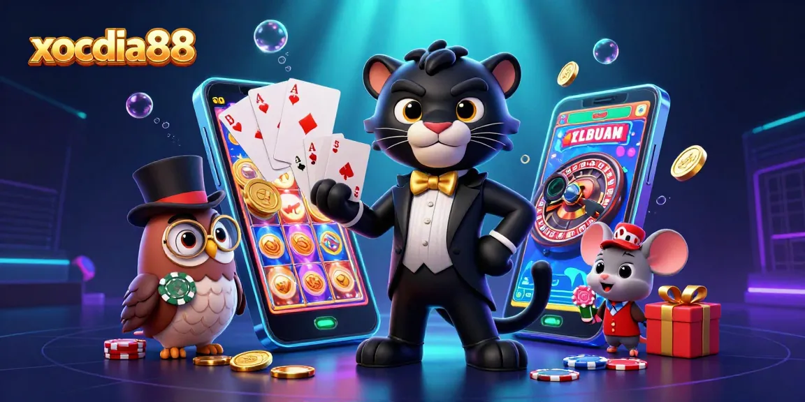 Xocdia88 features a stylish panther dealing cards, surrounded by vibrant casino elements and gaming excitement.
