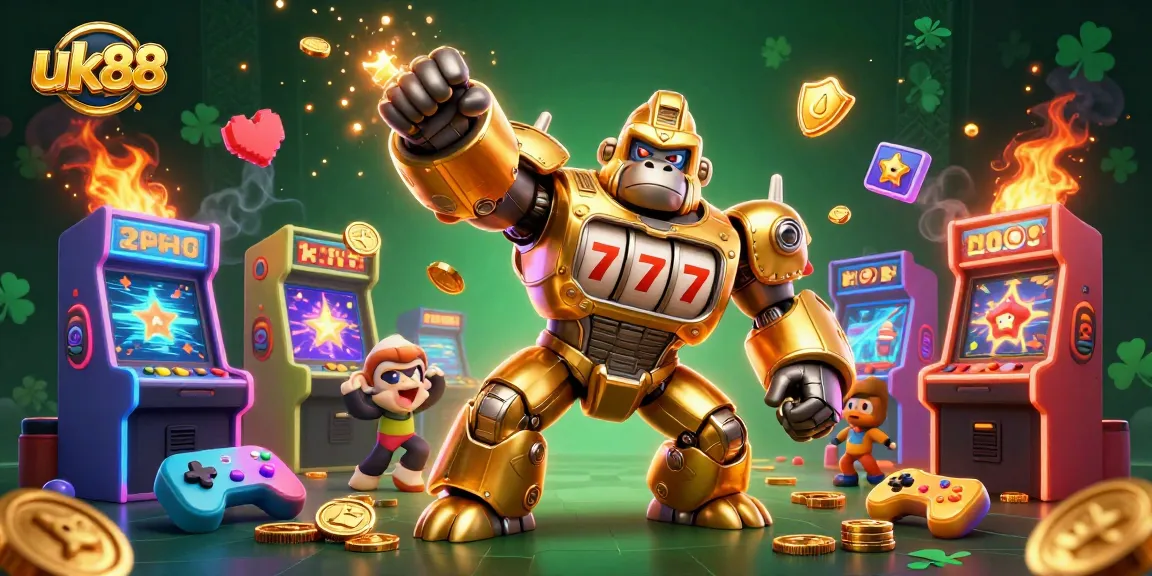 Experience the uk88 thrill in a vibrant, electrifying casino scene with a golden gorilla mech bursting with coins.
