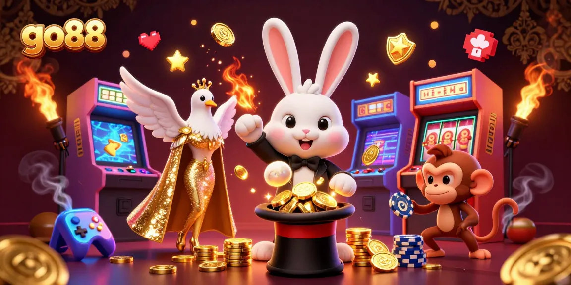 Experience go88's thrilling gaming with a magician rabbit, assistant dove, and monkey in action.