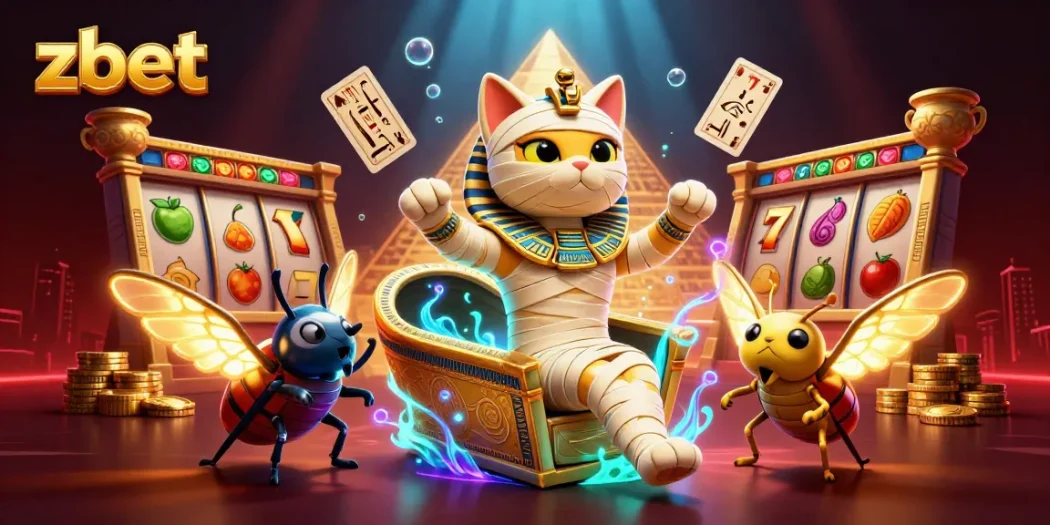 Experience zbet with a vibrant 3D illustration of a mummy cat in a casino bursting with action and excitement.