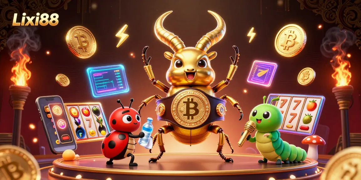 Lixi88 creates excitement with a vibrant boxing match between a golden stag beetle and dynamic casino elements.