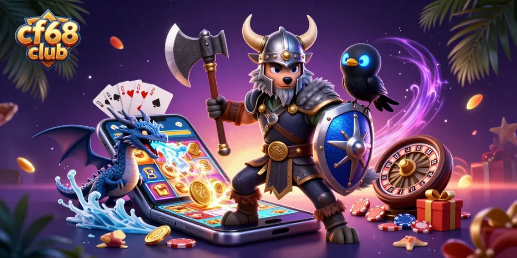 Join the fun at cf68 club with a vibrant 3D gaming scene featuring slot games and exciting characters.