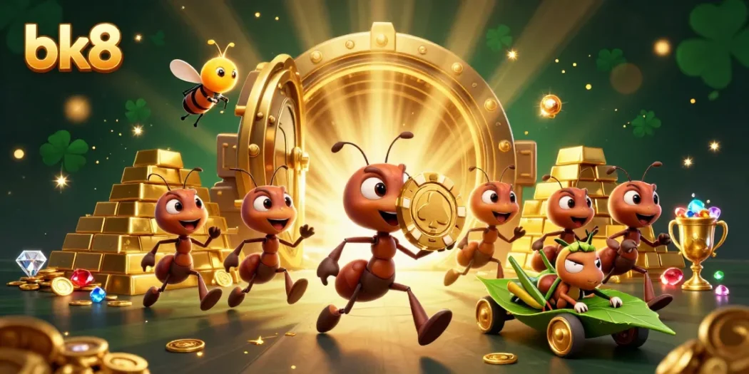Unleash strategic wins with bk8, as a team of cartoon ants executes a thrilling heist in a vibrant casino themed scene.