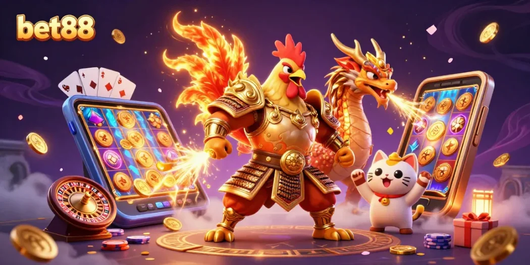 Experience the thrill of bet88 with a dynamic 3D scene featuring an armored rooster and dragon in an exciting gambling setting.