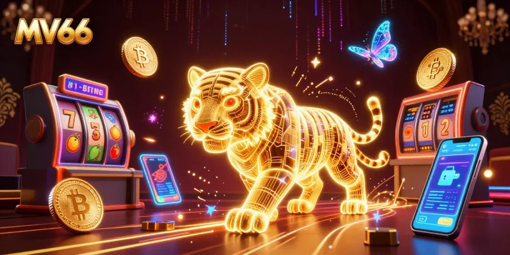 Experience thrilling gameplay at MV66's vibrant casino, featuring a golden tiger and neon elements.