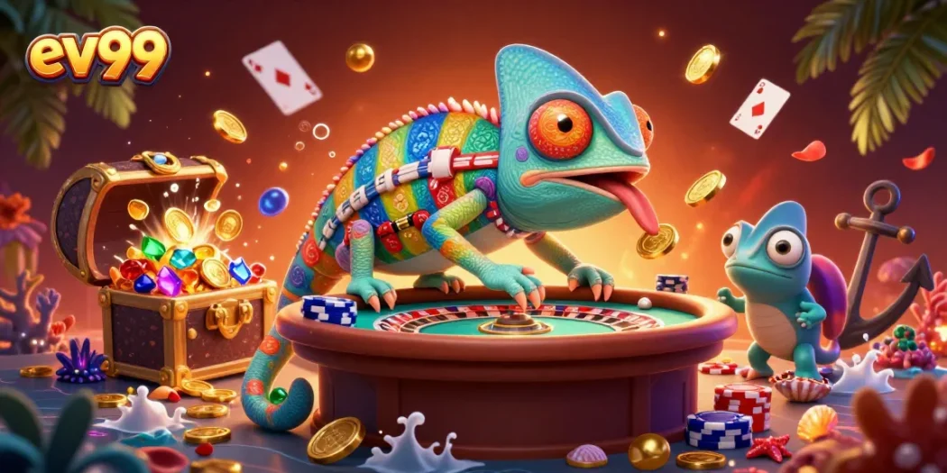 Play exciting casino games at ev99, featuring a chameleon owner, poker chips, and gold coins.