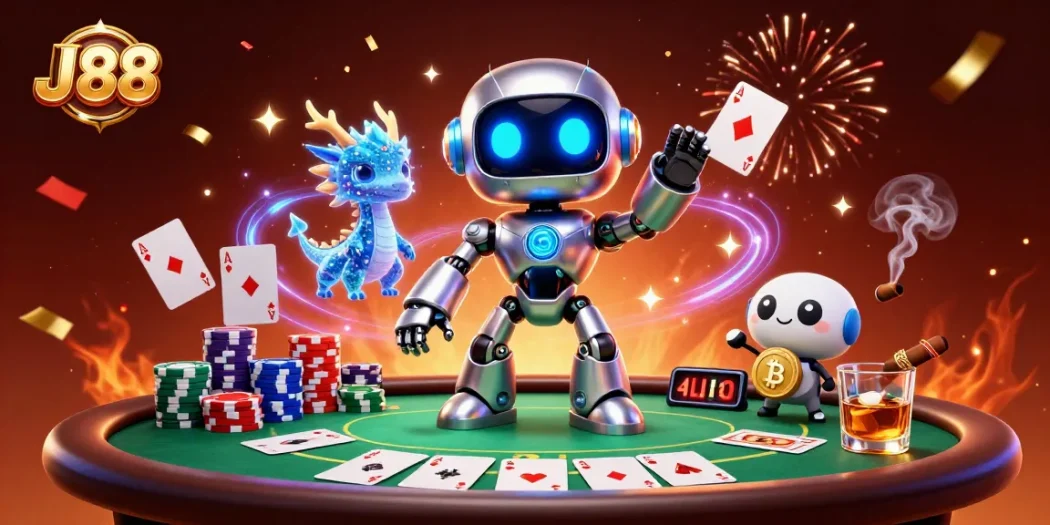 Experience the thrilling world of J88 gaming with vibrant poker action and dynamic characters.