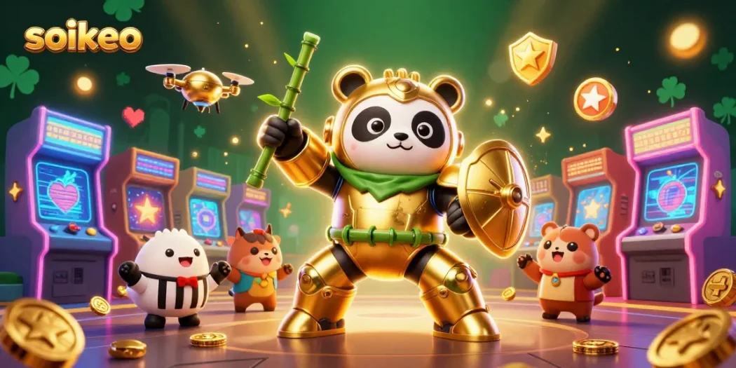 Engage with the dynamic soikeo experience in a vibrant 3D arena filled with gaming elements.