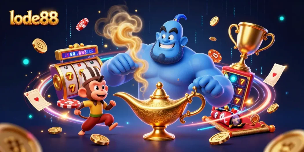 Experience the thrill of lode88 with a genie bringing jackpot excitement in a vibrant casino scene.
