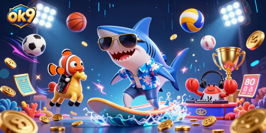 Experience thrilling betting with ok9, featuring a shark surfing on gold coins amidst dynamic sports elements.