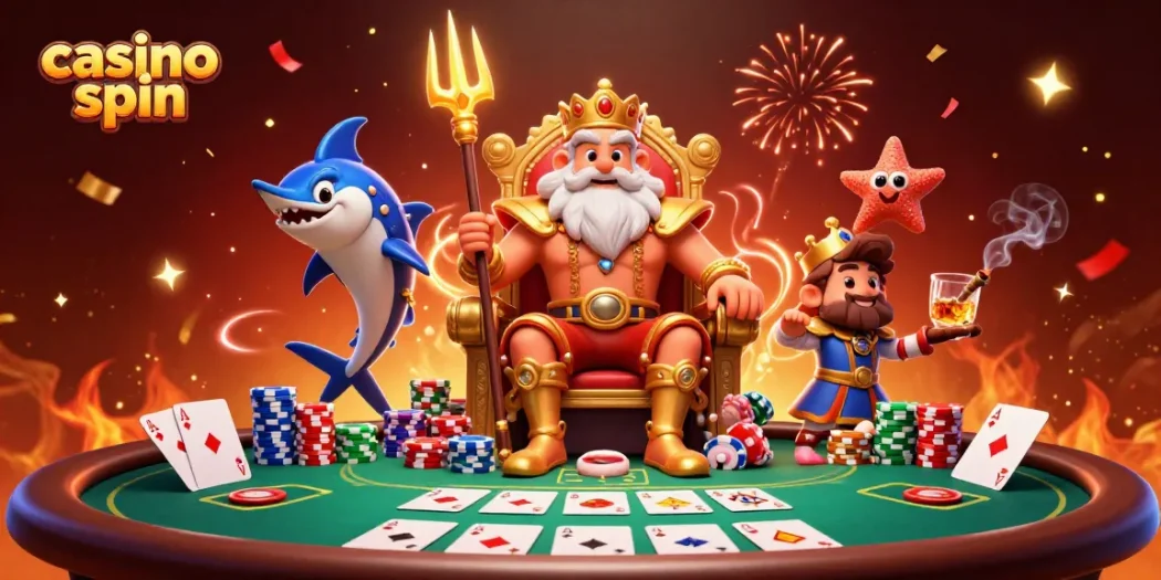 Experience thrilling casino spin action with Neptune, poker chips, and vibrant celebratory elements.