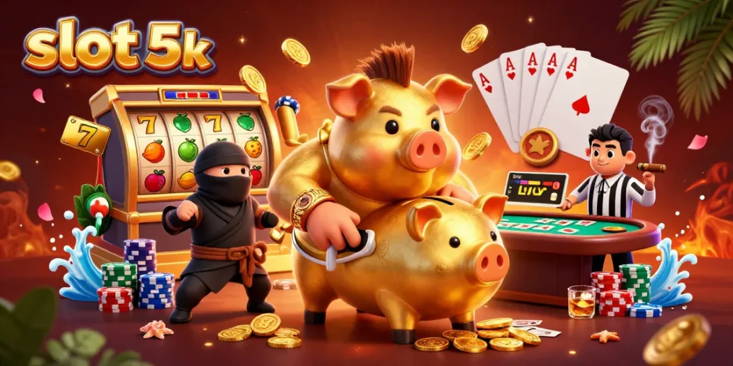 Engage in thrilling gameplay with slot 5k as the giant piggy bank summons coins amidst vibrant casino elements.