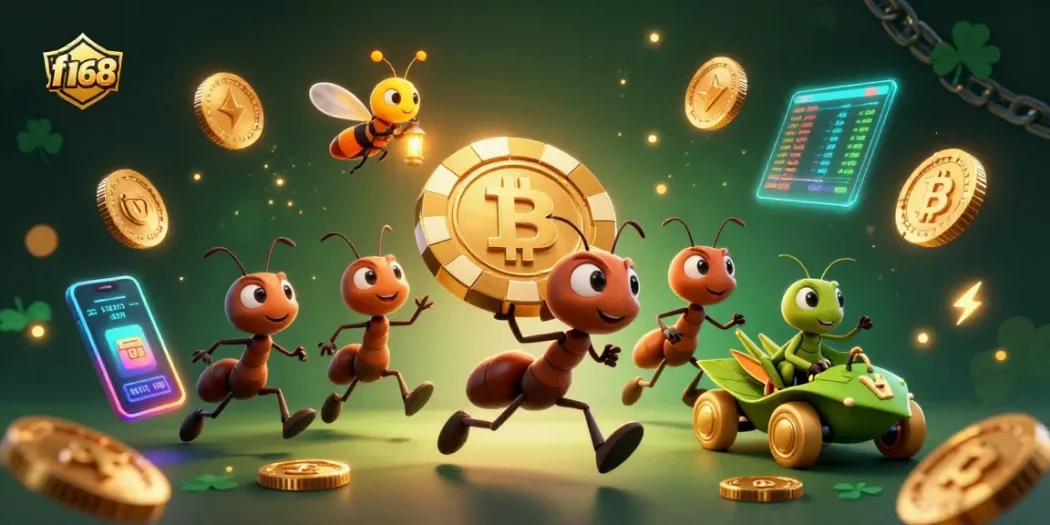 Experience the excitement of f168 with animated ants heisting a massive poker chip in a vibrant casino scene.