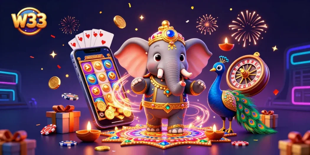 Experience w33 with vibrant slots and games in a captivating 3D casino illustration.