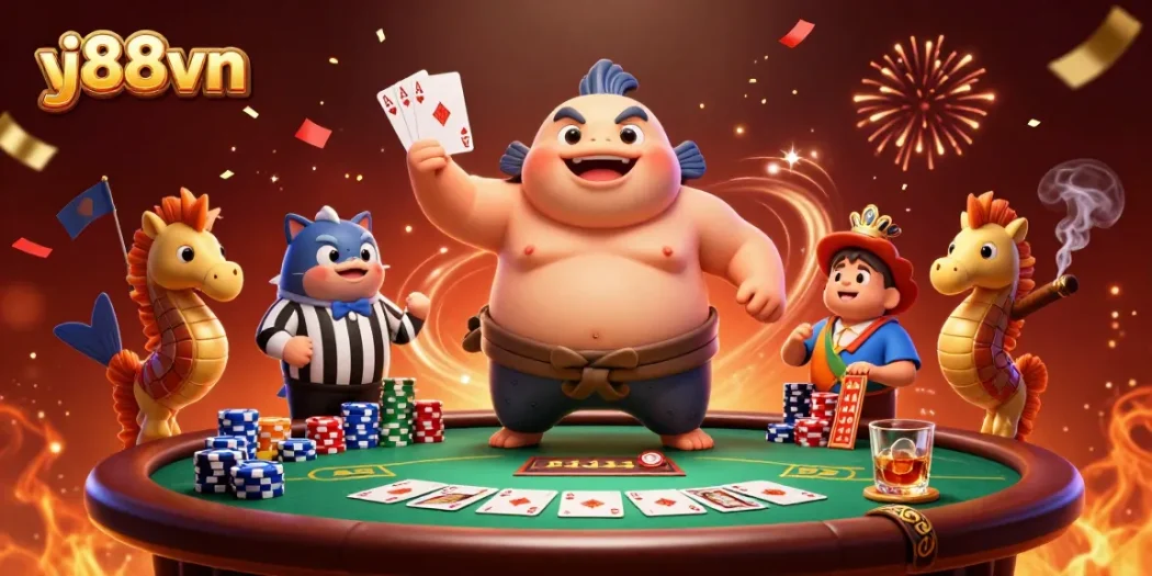 Engage in thrilling poker action with vj88vn's vibrant underwater casino scene featuring colorful characters and game elements.