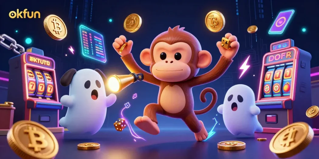 Engage with okfun's vibrant casino scene featuring a playful monkey and adventurous puppy.