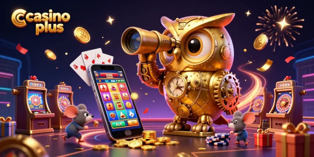 Engage with casino plus through a vibrant 3D illustration showcasing a golden owl and interactive games.
