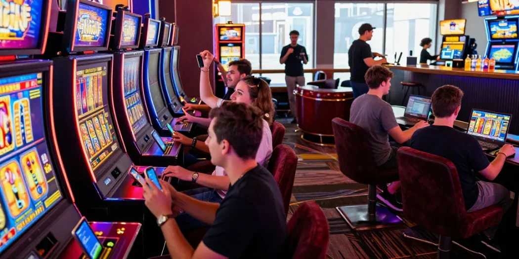 slot7000 online casino scene with players celebrating wins and vibrant gaming atmosphere