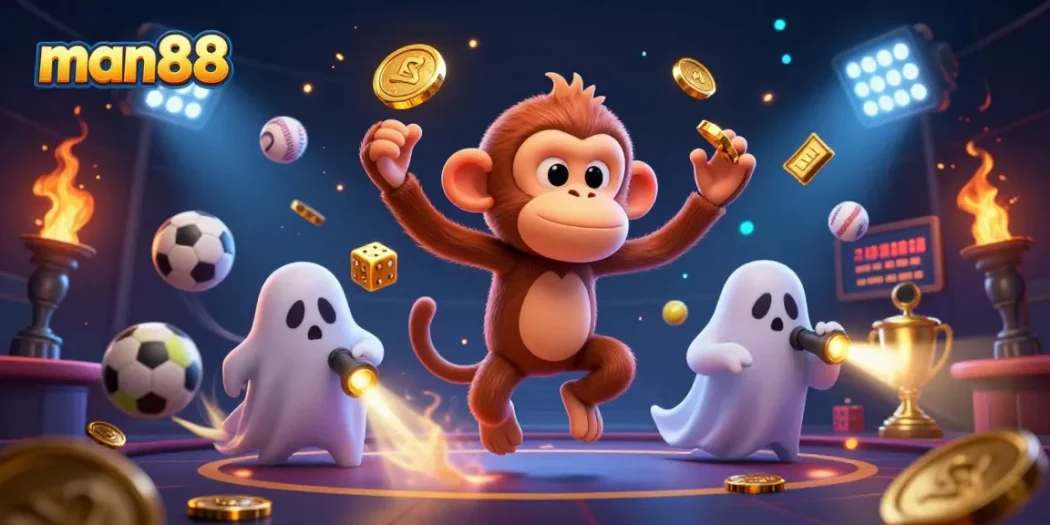 man88 showcases an exciting haunted casino scene with mischievous monkey and ghost-hunter puppy.