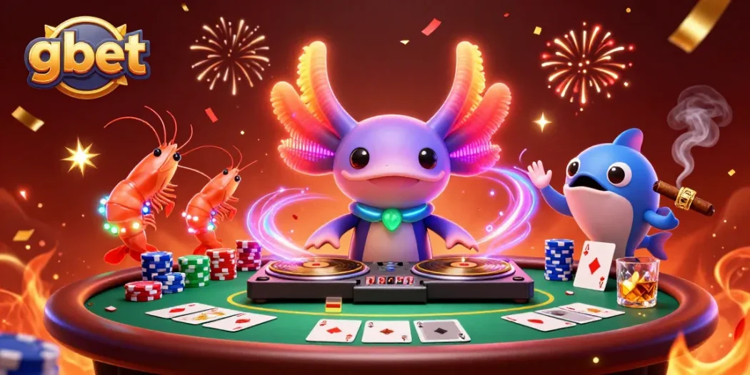 Experience gbet's thrilling atmosphere with a neon axolotl DJ spinning undersea poker action.