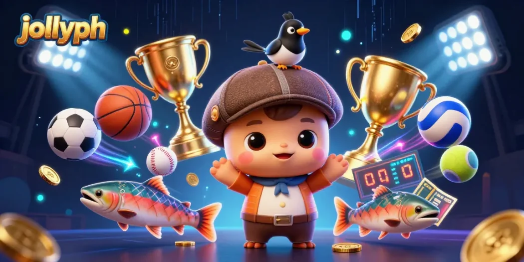 Bet on sports and enjoy the fun with jollyph's vibrant 3D illustration featuring playful characters and dynamic game elements.