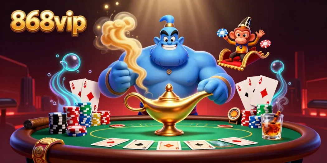 Engage with 868vip in a vibrant casino scene showcasing a magical genie, poker chips, and cards.