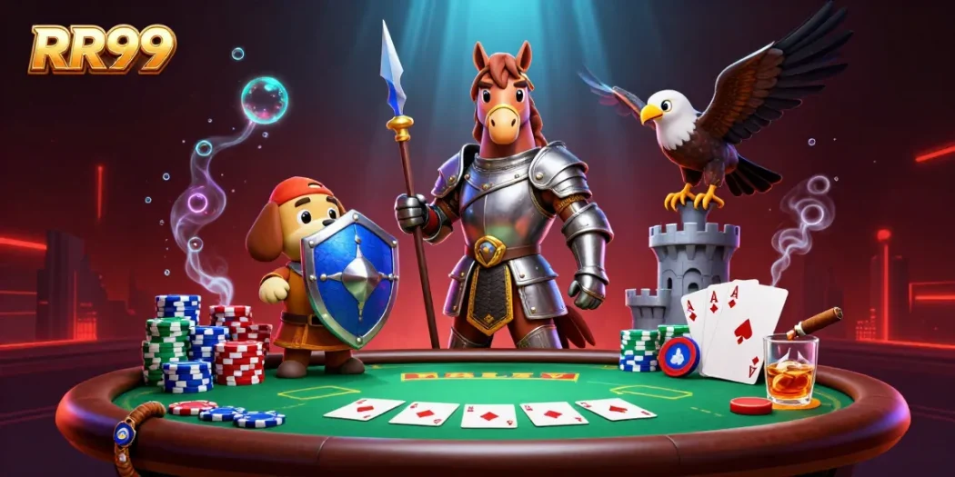 Experience thrilling gameplay at RR99, where a 3D knight and puppy enjoy poker amidst a vibrant casino atmosphere.