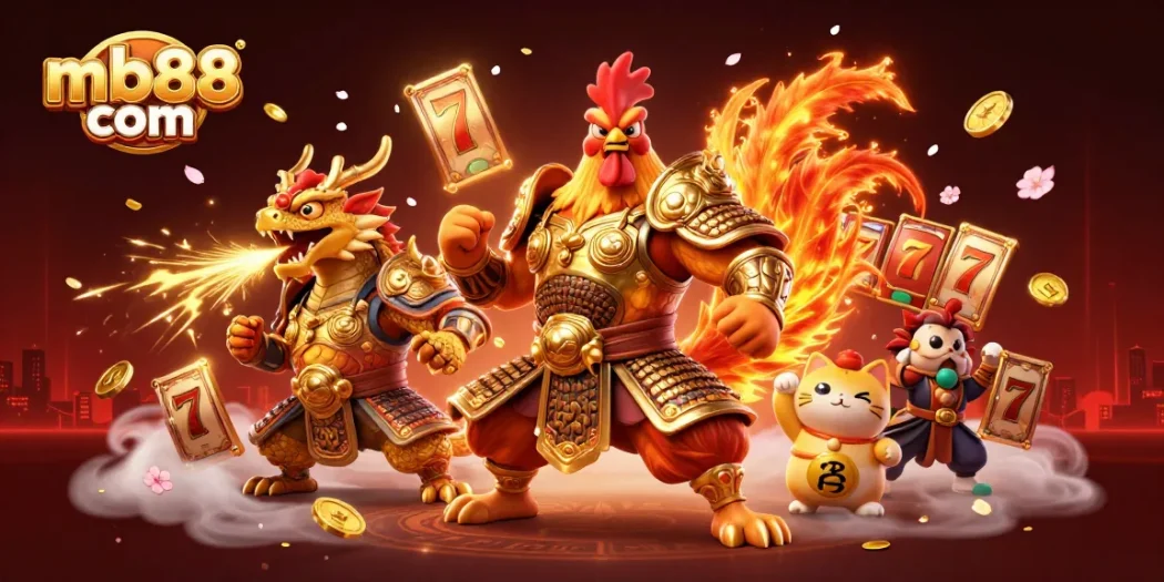 Join the excitement at mb88 com with powerful characters and dynamic slot game elements in a vibrant 3D scene.