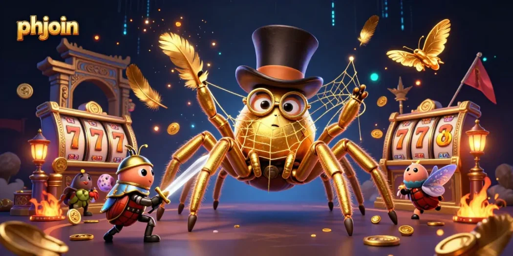 Experience thrilling moments at phjoin while the golden tarantula weaves excitement in a vibrant casino scene.