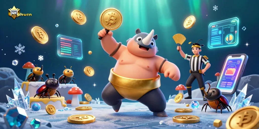 Catch thrilling action at PHLWIN as the sumo champion beetle unleashes golden coins in a vibrant casino scene.