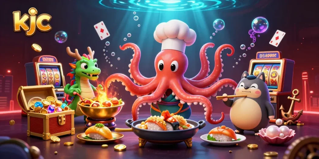 KJC engages gamblers with a vibrant underwater casino, featuring an octopus chef and a dragon.
