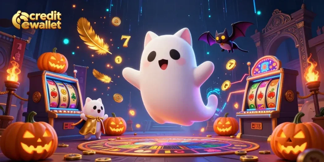 Engage with exciting free credit ewallet offers in a vibrant haunted casino scene featuring a ghost cat and bat.