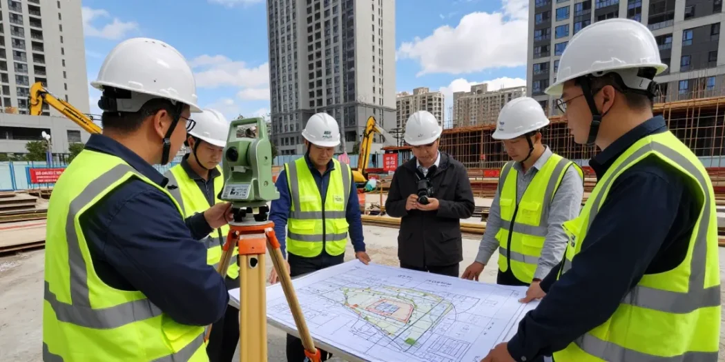 Surveyors conducting topographical surveys using advanced equipment on a construction site in London.